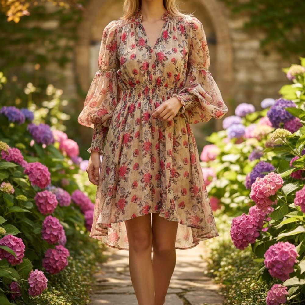Aratta Pink and Cream Floral High Low Dress